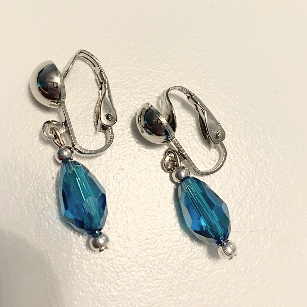 Hand Crafted Teardrop Blue Crystal Clip-On Earrings